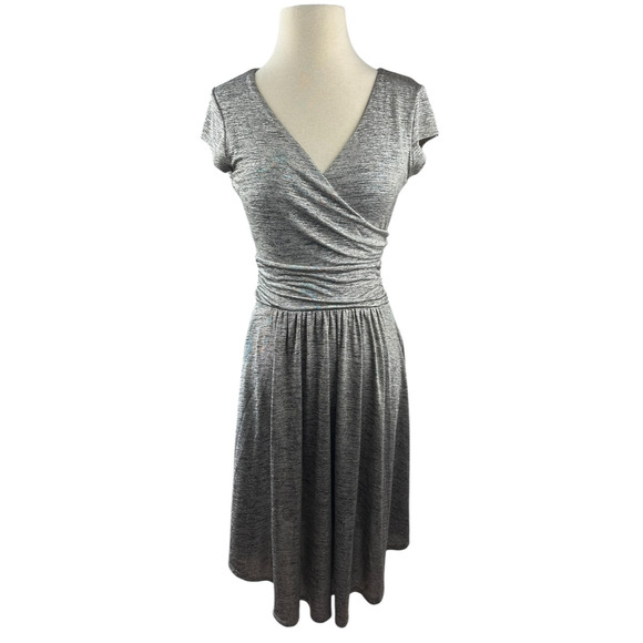 Maeve x Anthropologie Tamera Metallic Silver Shimmer Jersey Dress Faux Wrap XS - Picture 8 of 15
